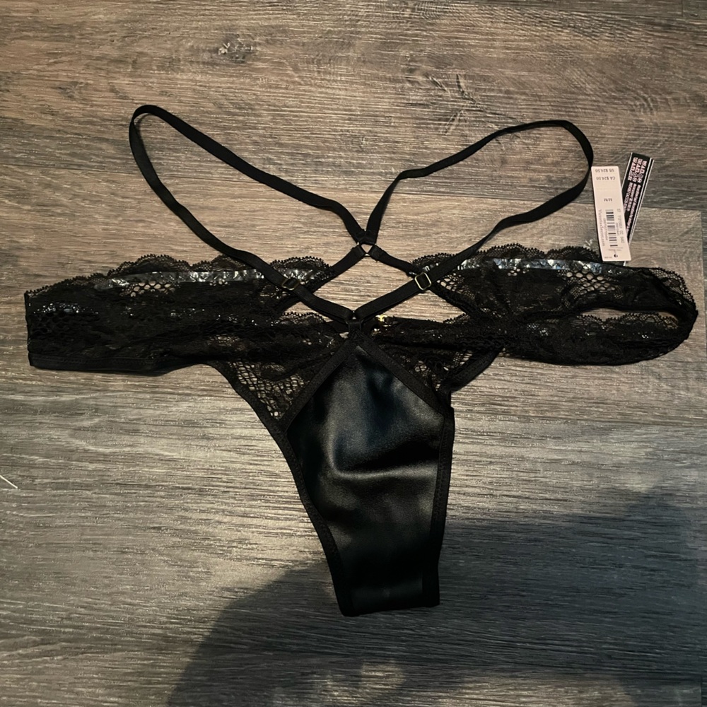 Victoria's Secret Faux Leather Black Lace Open Back Strappy Brazilian Panty M